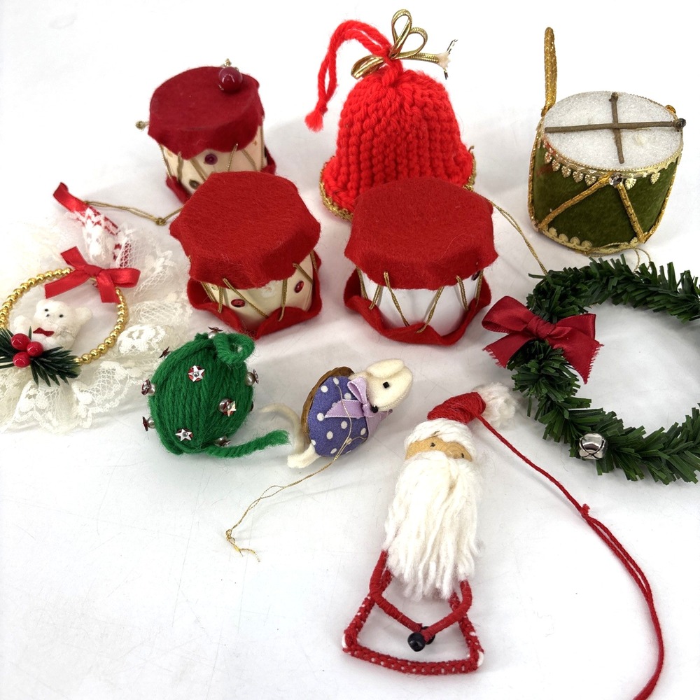 Vintage Lot of 10 Handmade Christmas Ornaments‎ Homemade Unique Drums Santa Bell
